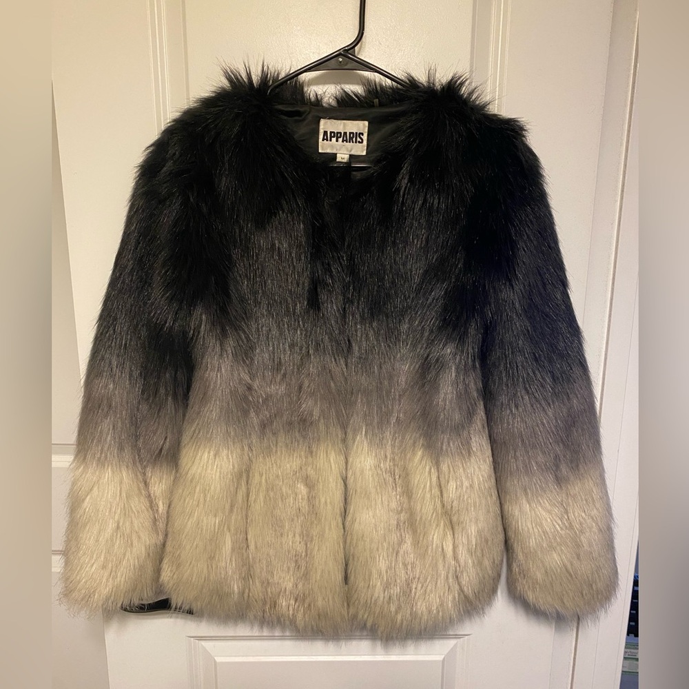 Apparis Ombre Black and Cream Faux Fur Coat - Rare